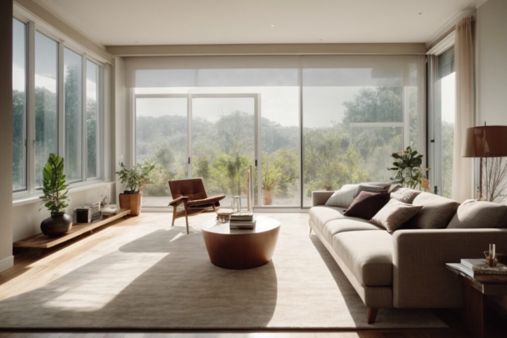 Living room with sun-faded furniture and solar control window film installation