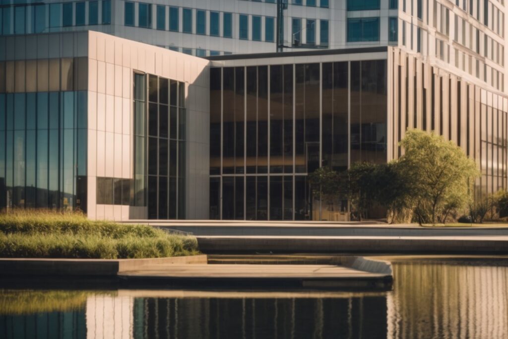 Riverside office building with reflective window tinting under bright sunlight