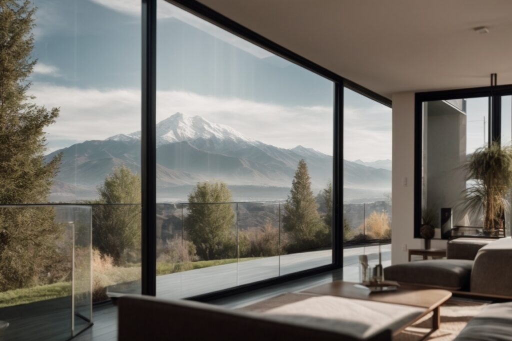 Riverside home with spectrally selective window film and mountain view in the background