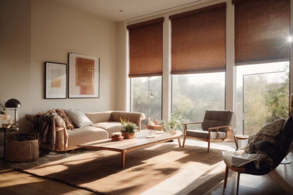Riverside home interior with sunlight filtering through window film