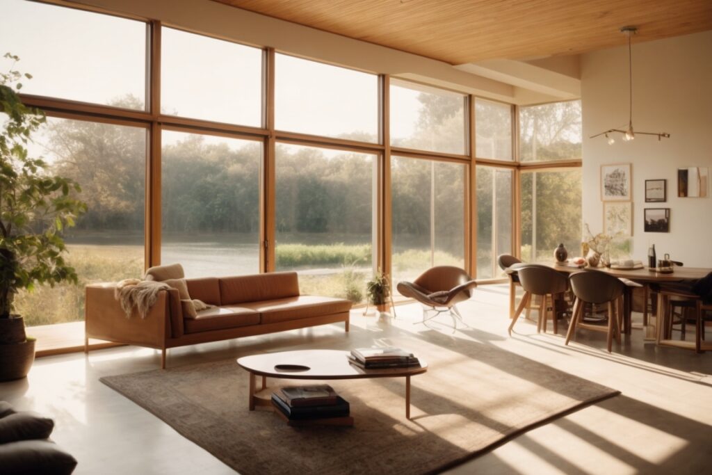 Interior of a Riverside home with Low-E window film installation, reflecting sunlight and keeping the living space cool and comfortable