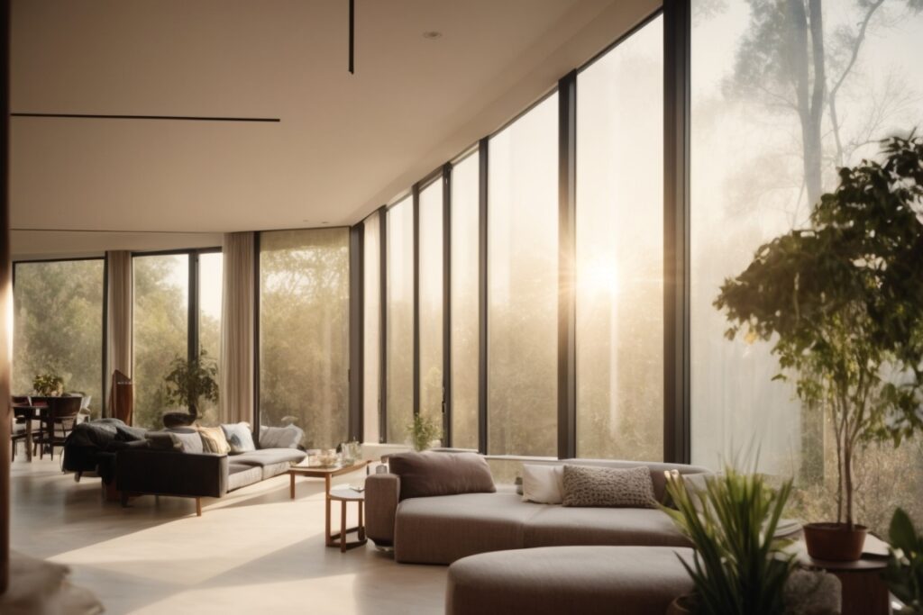 Riverside home interior showing sunlight through energy saving window film