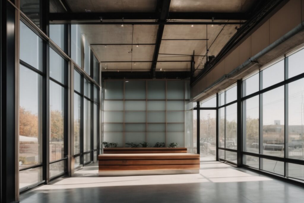 Riverside commercial space with opaque windows and sunlight filter effect