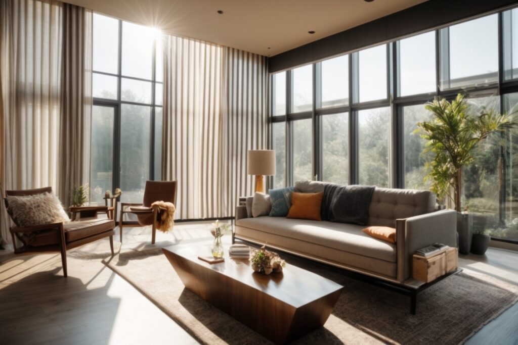 interior living room with sunlight filtering through glare reduction window film