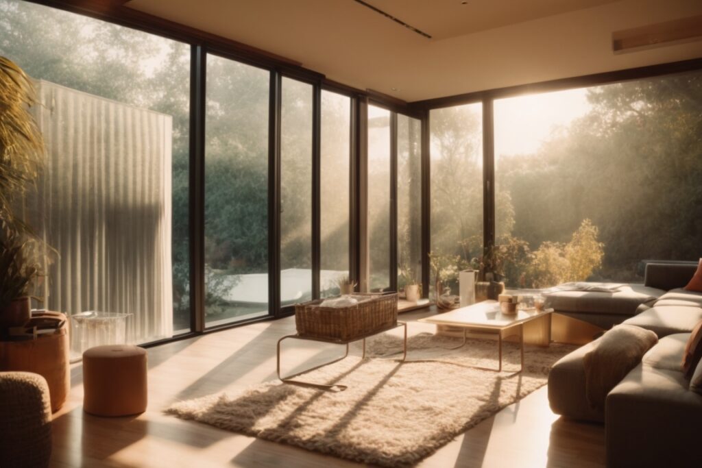 Riverside home interior with insulating window film, cooler summer warmth